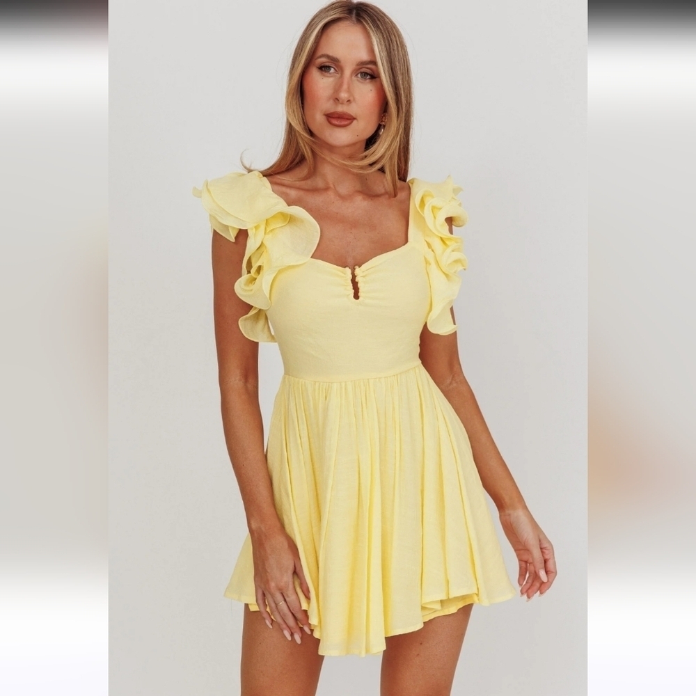 ANGEL BIBA Sunday Dreams Ruffle Strap Mini Dress Butter Yellow. Size XS NWT
